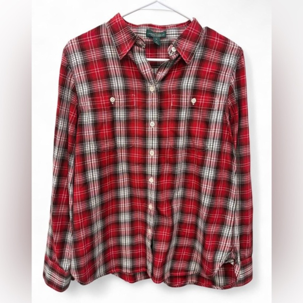 Women's Lauren Ralph Lauren Red Plaid Button Down Shirt Cotton‎ Medium Christmas